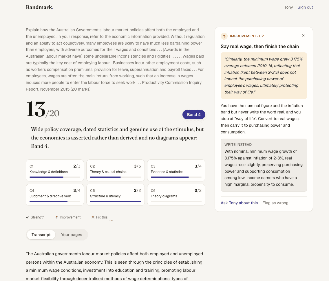 A marked essay: 13/20, Band 4, with the criterion breakdown